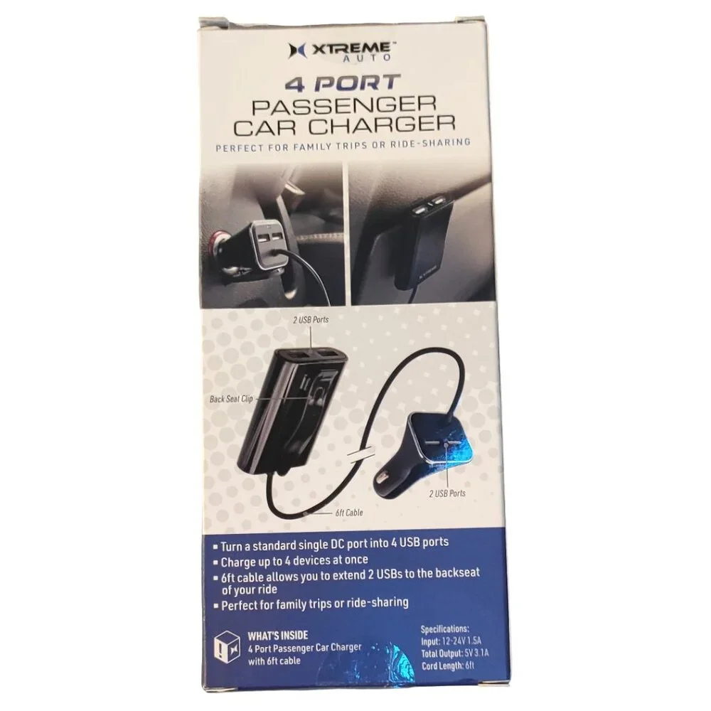 XTREME Auto 4 Port Passenger Car Charger Extension Cord 6 feet 3.1 A power NEW